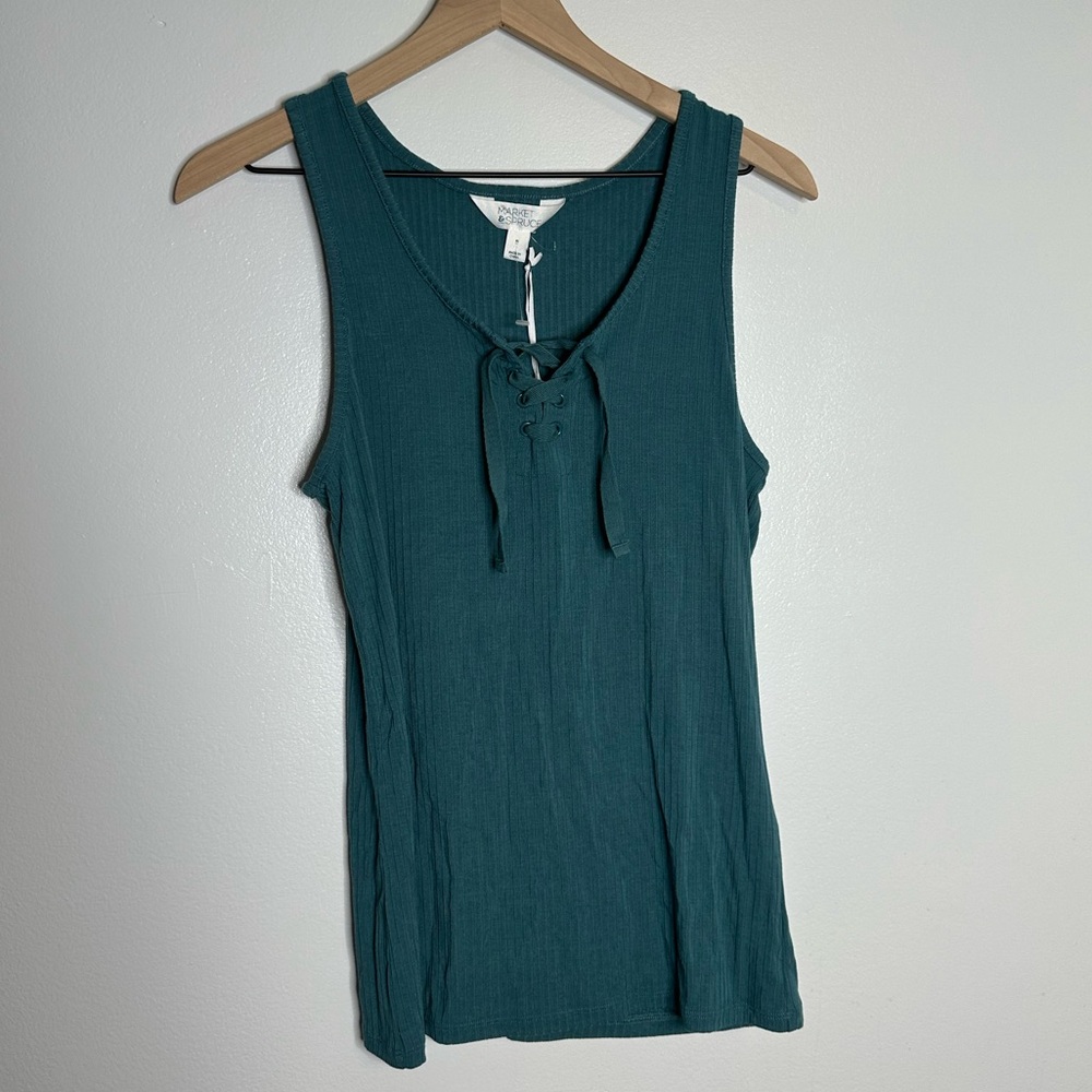 Market & Spruce Tie Neck Sleeveless Rib Textured Tank Top